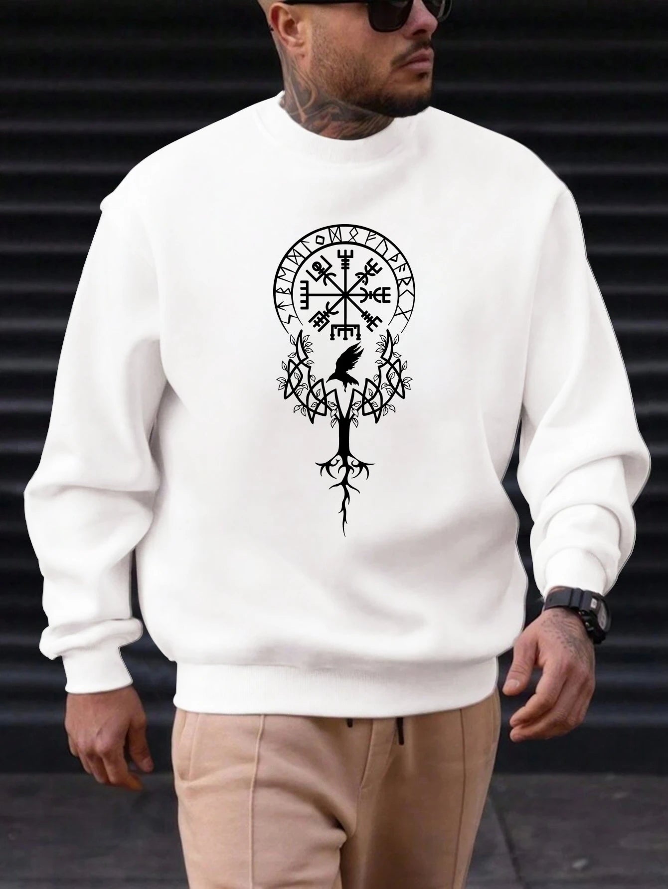 2025 New Sweatshirt For Men's Tree Bird Pattern Printing Cotton Round Neck Fashion Casual High Quality Daily Top Clothing