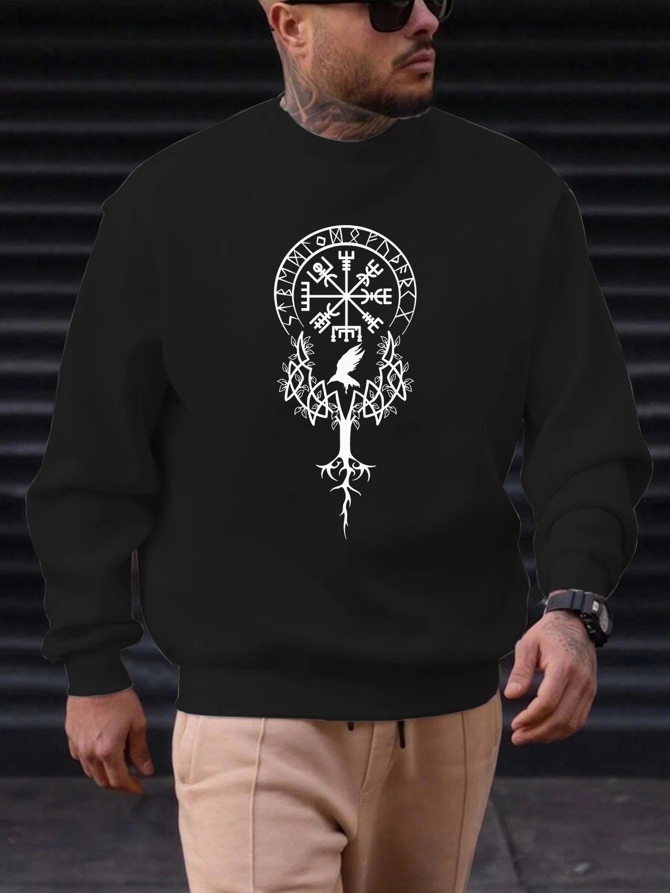 2025 New Sweatshirt For Men's Tree Bird Pattern Printing Cotton Round Neck Fashion Casual High Quality Daily Top Clothing